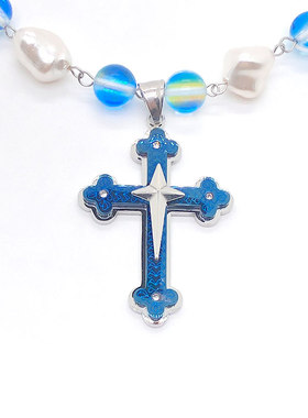 国潮网红镶钻十字架项链吊坠男女嘻哈时尚原创天然七彩珍珠复古款