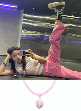 林小宅晓婷同款粉红色猫眼石爱心项链珍珠choker锁骨链女气质甜美