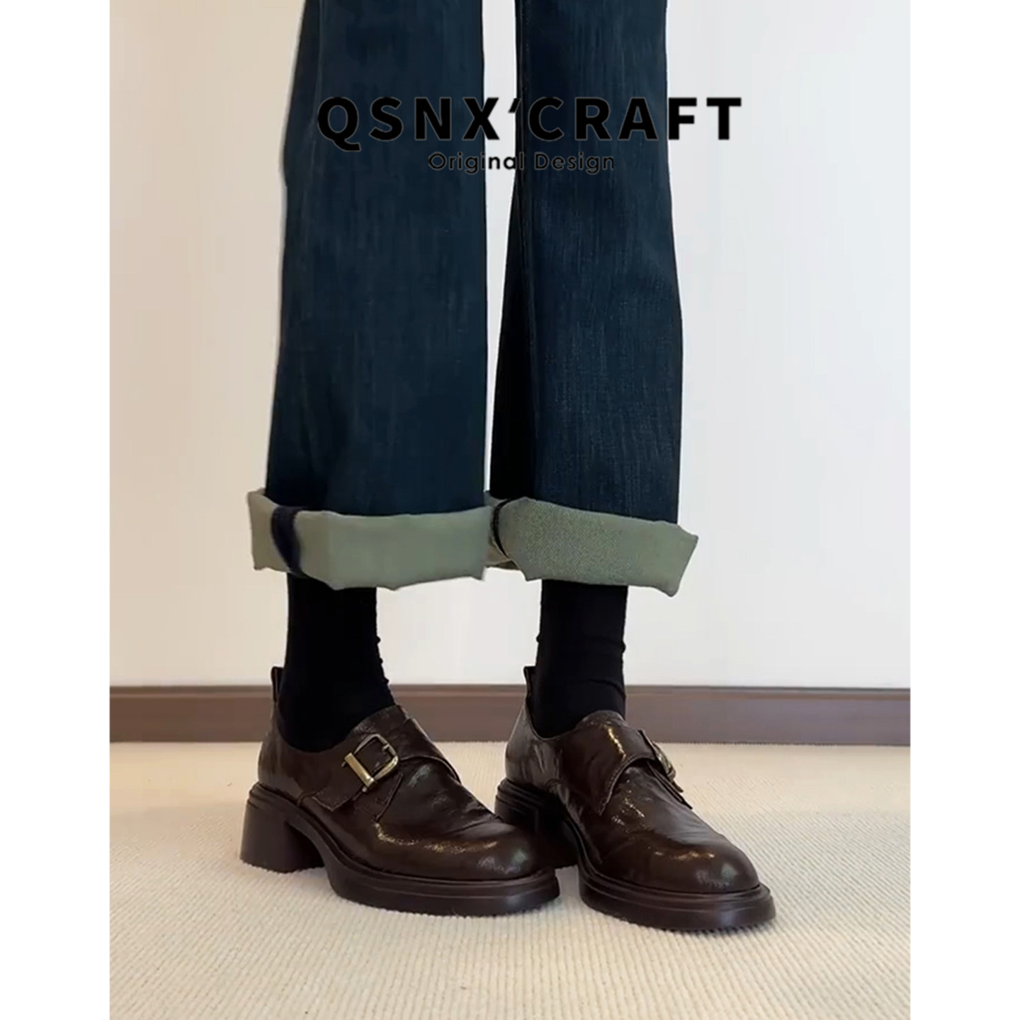 羊皮版~棕色高跟小皮鞋女2025秋冬新款厚底单鞋英伦风粗跟乐福鞋,淘宝优惠券,粉丝福利购,淘宝优惠卷