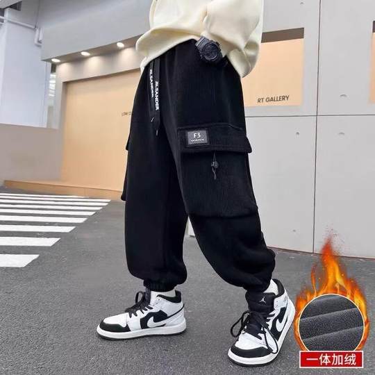 儿童装男童加绒加厚裤子秋冬款灯芯绒一体绒2025新款冬季运动裤潮