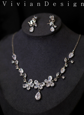 新款包邮锆石项链耳坠超仙轻奢大气宴会套装饰品女法式高级感配饰