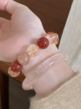 【红霜叶】天然巴西草莓晶手链桃花正缘红胶花手串女生送礼物闺蜜