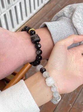 天然银曜石猫眼石水晶手链男女醒狮转运珠jixu情侣手串一对送礼物