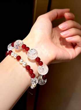 天然红玛瑙珍珠白阿塞水晶串珠手串小众秋冬新中式感手链新款