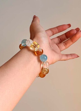 「暖屿微光」天然黄胶花雪花幽灵水晶手串设计感海蓝宝手链