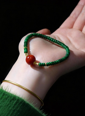 国色芳华新中式天然南红玛瑙干青翡翠手串本命年红色开运手链女款