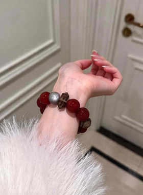 天然茶晶银曜石红玛瑙水晶手串大点位串珠手饰女红色新年手链礼物