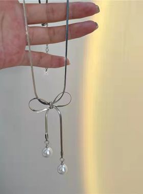 蝴蝶结锁骨链珍珠吊坠简约choker