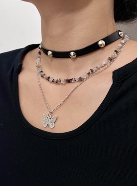 欧美跨境饰品 时尚皮绳蝴蝶项链女 多层流苏吊坠碎石蝴蝶颈链