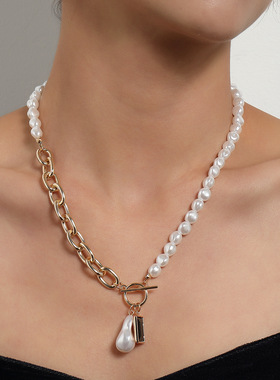 异形珍珠合金宝石水滴吊坠项链