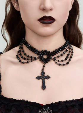 宫廷风复古锁骨链十字架水晶流苏