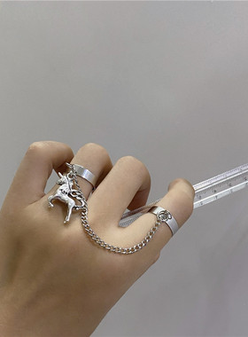 个性朋克风独角兽连体链条开口戒指酷蹦迪食指双指环暗黑系男女