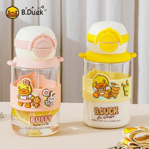 B.Duck小黄鸭x曙曦官方儿童吸管杯双饮口可调节背带便携水杯650ml - 图1