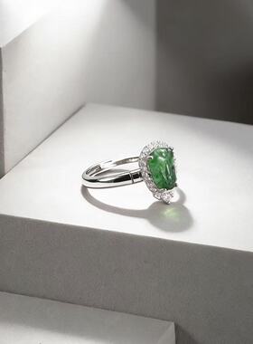 天然翡翠A货满绿金蝉戒指