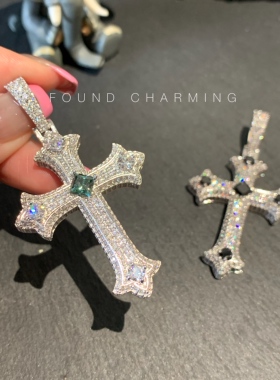FOUNDCHARMING满钻祖母绿色十字架吊坠项链通体S925银镀金 可刻字