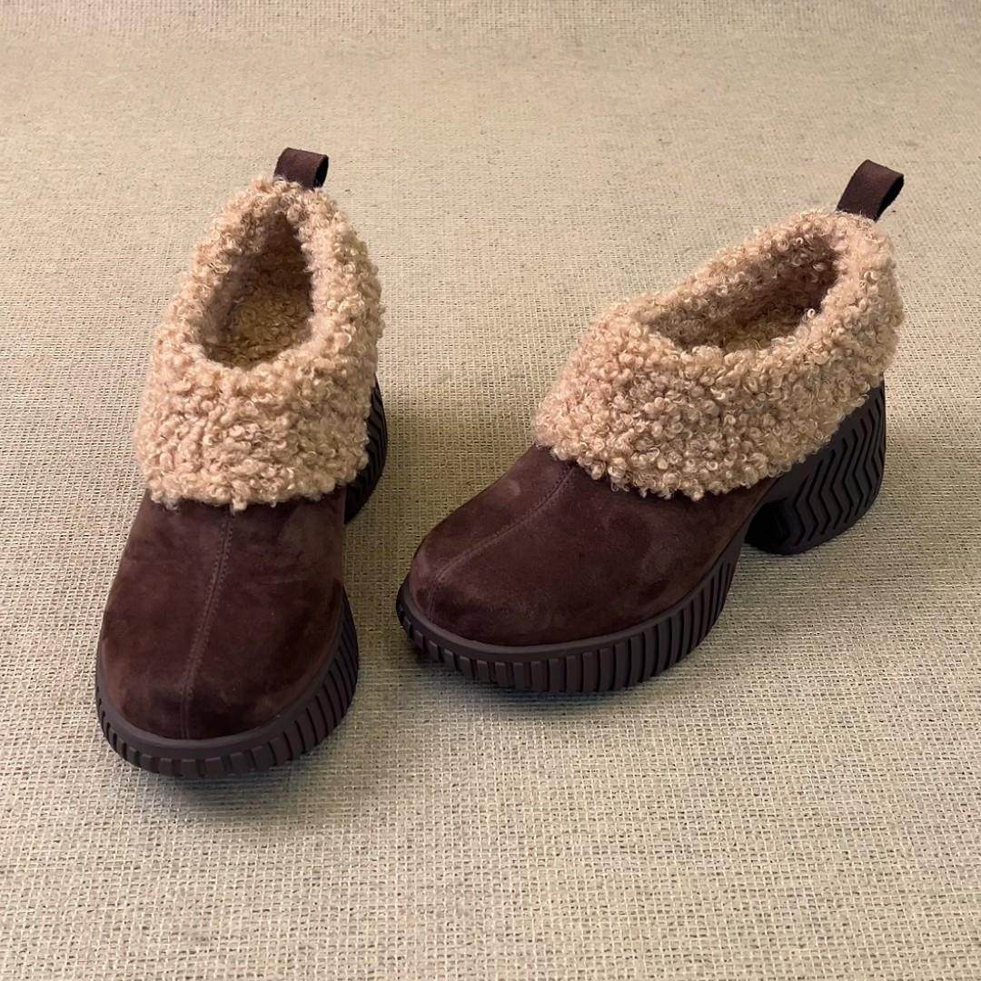 羊皮版~8cm复古风圆头羊羔毛翻边设计感厚底磨砂通勤一脚蹬单鞋,淘宝优惠券,粉丝福利购,淘宝优惠卷