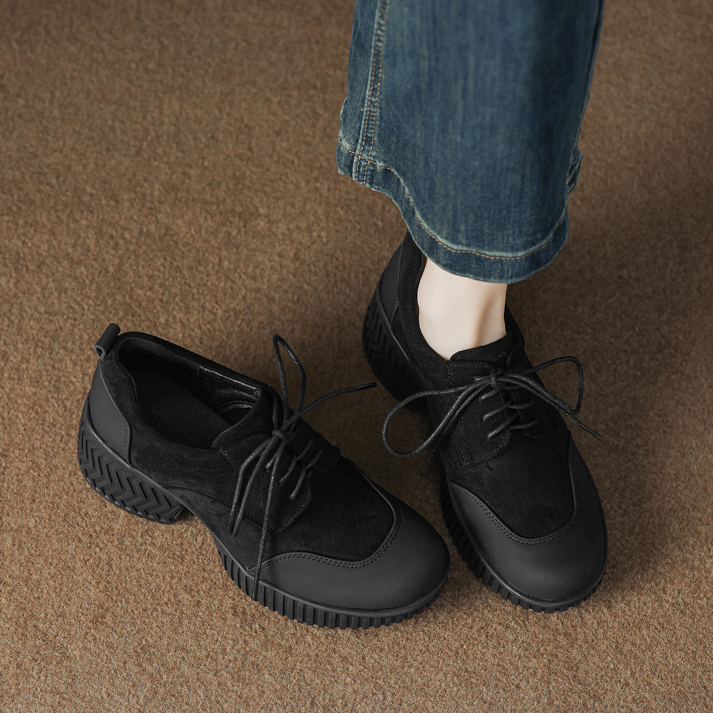 牛皮版~7.5cm复古小个子厚底圆头系带磨砂拼接通勤百搭深口单鞋,淘宝优惠券,粉丝福利购,淘宝优惠卷