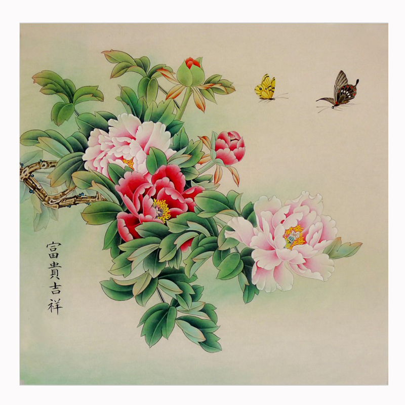 高清工笔画素材斗方牡丹蝴蝶花鸟画工笔画白描底稿线稿实物打印稿 - 图1