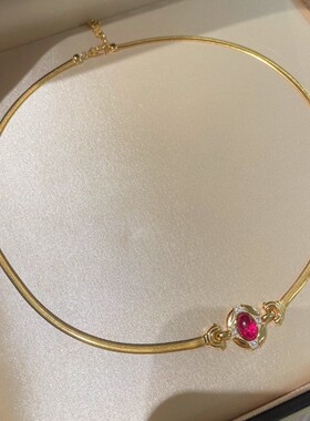 925银镀金 高碳钻红刚玉鸽血红宝K黄蛋面意大利中古风格蛇骨项链