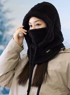 保暖口罩女冬季围脖一体帽子滑雪套头帽加绒加厚护耳防风棉帽骑车