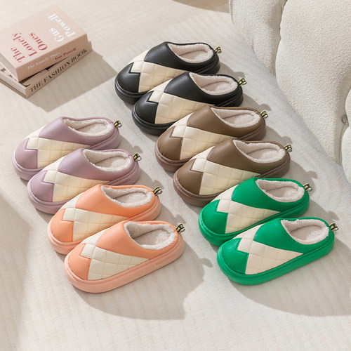 PU棉拖鞋女士秋冬季2025新款防水保暖加绒室内居家厚底棉拖鞋包跟 - 图3