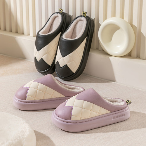 PU棉拖鞋女士秋冬季2025新款防水保暖加绒室内居家厚底棉拖鞋包跟 - 图2