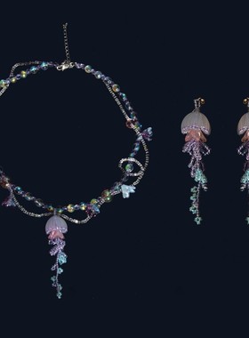 流苏耳环幻彩紫色串珠水母项链女