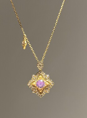 小红书爆款人鱼姬四叶花造型梦幻火彩项链炫彩玫瑰工艺甜美感项链