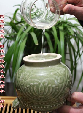 陕西西安耀州瓷器窑青釉提梁倒流壶博物馆仿古瓷古玩魔壶1比1摆件