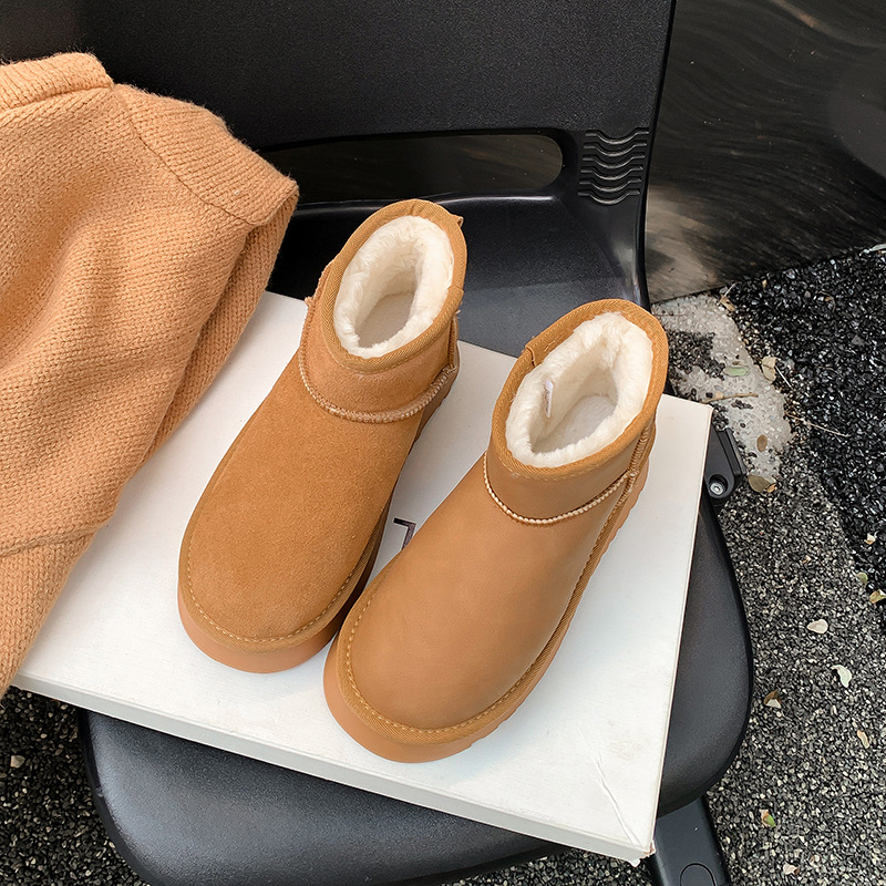真皮版～雪地靴女周冬雨同款皮毛一体厚底短筒靴加绒加厚保暖棉鞋 - 图1