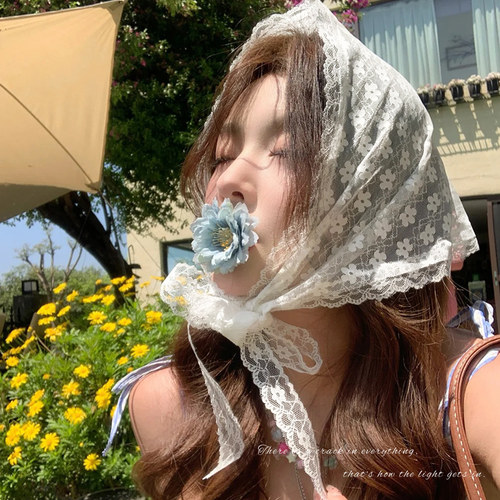 法式蕾丝花边三角巾女白色小碎花头巾连衣裙腰间配饰屁帘叠穿发饰 - 图0