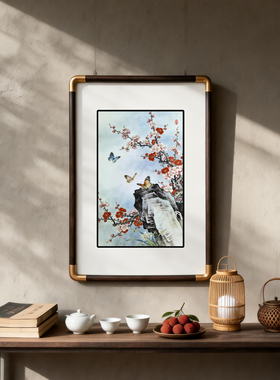 四九艺社 景德镇梅蝶报春工笔瓷板画 新中式客厅玄关茶室装饰画