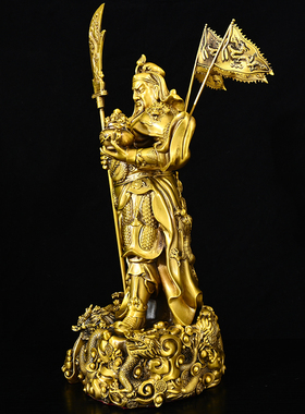 黄铜九龙关公站像摆件五令旗托聚宝盆关公神像立刀武财神关羽摆设