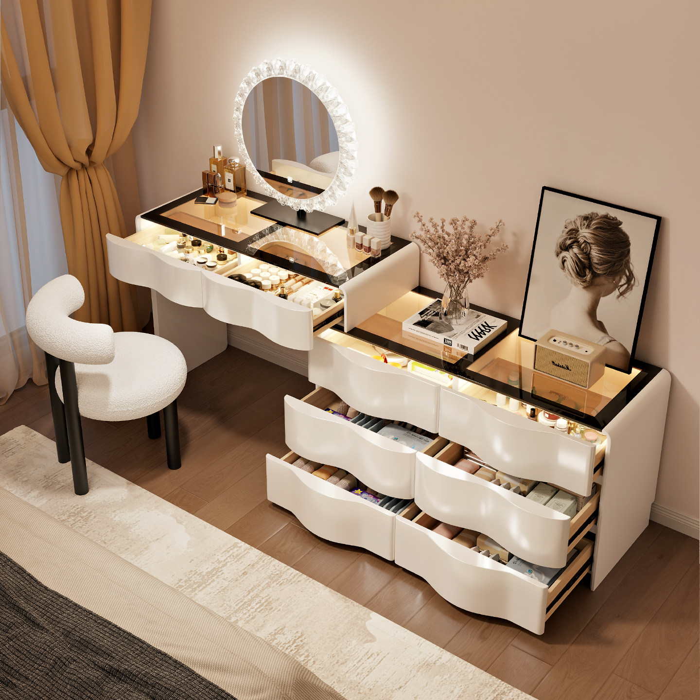 2025新款镜面梳妆台现代卧室简约斗柜一体实木化妆桌一体化妆镜 - 图3