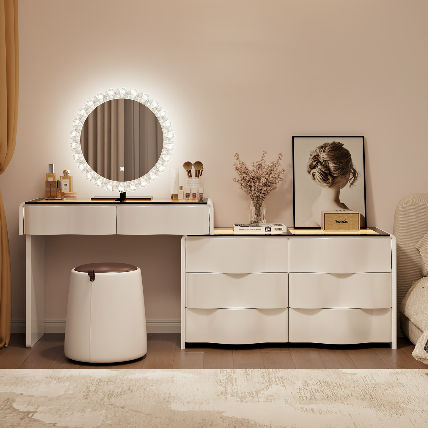 2025新款镜面梳妆台现代卧室简约斗柜一体实木化妆桌一体化妆镜 - 图0