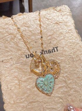 vintager古着叠戴蓝色太阳花爱心吊坠金色项链女款穿搭配饰锁骨链
