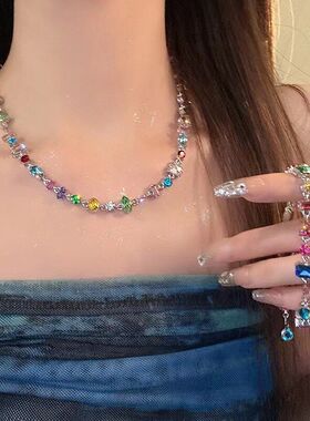 甜心糖果彩色水晶锆石项链轻奢高级感爱心彩虹锁骨链女ins小众潮