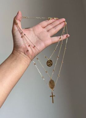 中古金色圆牌十字架项链vintage复古多层叠戴锁骨链ins风辣妹颈链