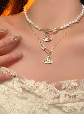 土星项链女星球珍珠别针简约小众颈链配饰轻奢高级感锁骨链ins风