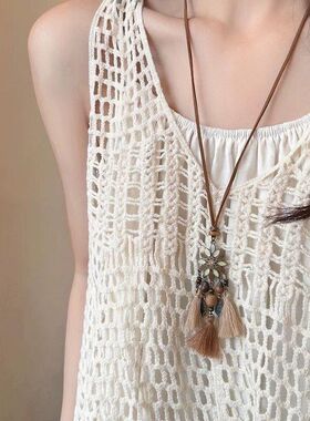 波西米亚咖色复古流苏项链女异域民族风蝴蝶吊坠毛衣链做旧配饰品