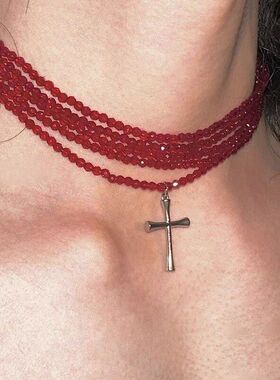 轻奢精致多层红色串珠十字架吊坠项链女甜酷个性小众高级感锁骨链