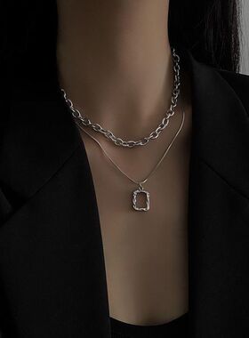 双层韩国简约叠戴项链女潮网红小众细颈嘻哈ins冷淡风吊坠百搭