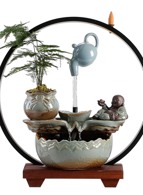 简约小型流水招财鱼缸摆件陶瓷悬壶创意家居客厅书桌茶几造景装饰