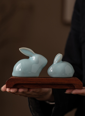 汝窑陶瓷兔子可养茶宠摆件装饰品