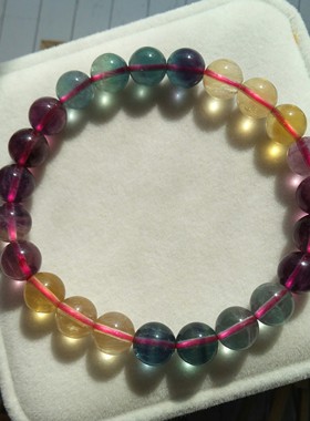 天然彩萤石紫黄蓝绿色半宝石手串链女性暖宫石冰透水晶饰品