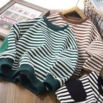 2024 Autumn Winter Children Striped patch round collar sweatshirt male and female child plus velvet thickened long sleeve blouses for undershirt