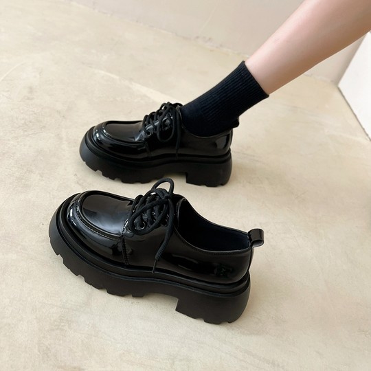 British thick-soled small leather shoes black loafers for women
