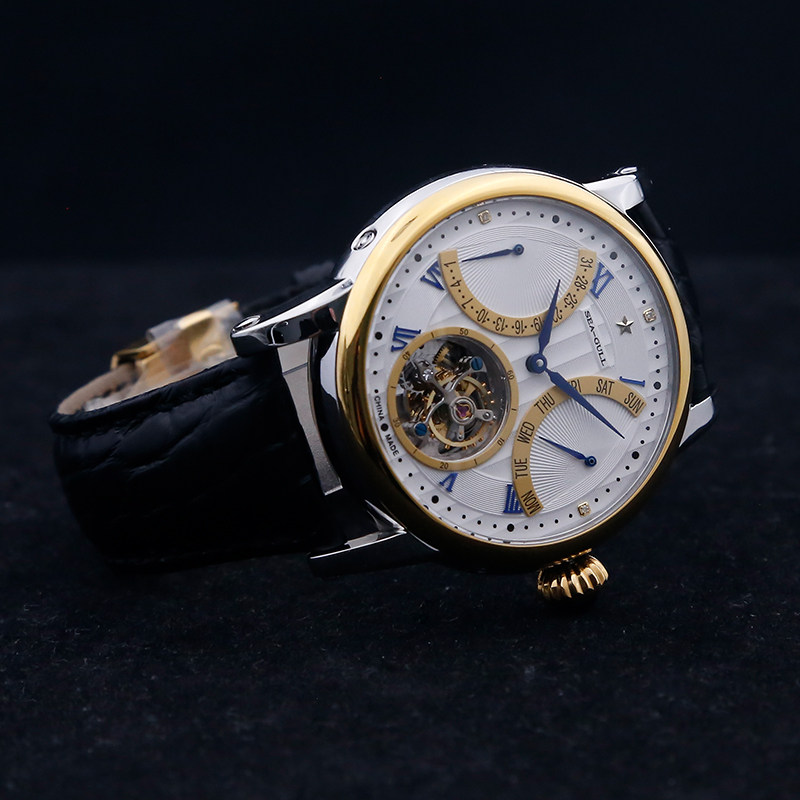 海鸥手表男士多功能机械表商务24k金圈鳄鱼皮表带陀飞轮腕表7040