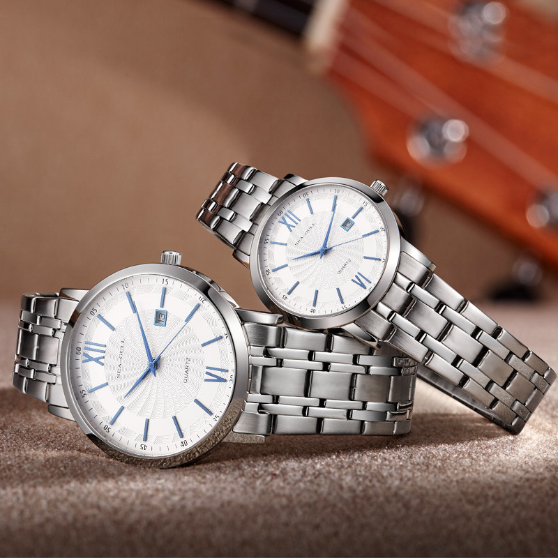 正品海鸥表基础系列炫蓝单日历钢带石英表女表男表情侣对表