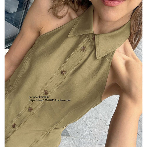 性感辣妹无袖翻领挂脖吊带背心外穿简约修身露背上衣Backless top - 图2
